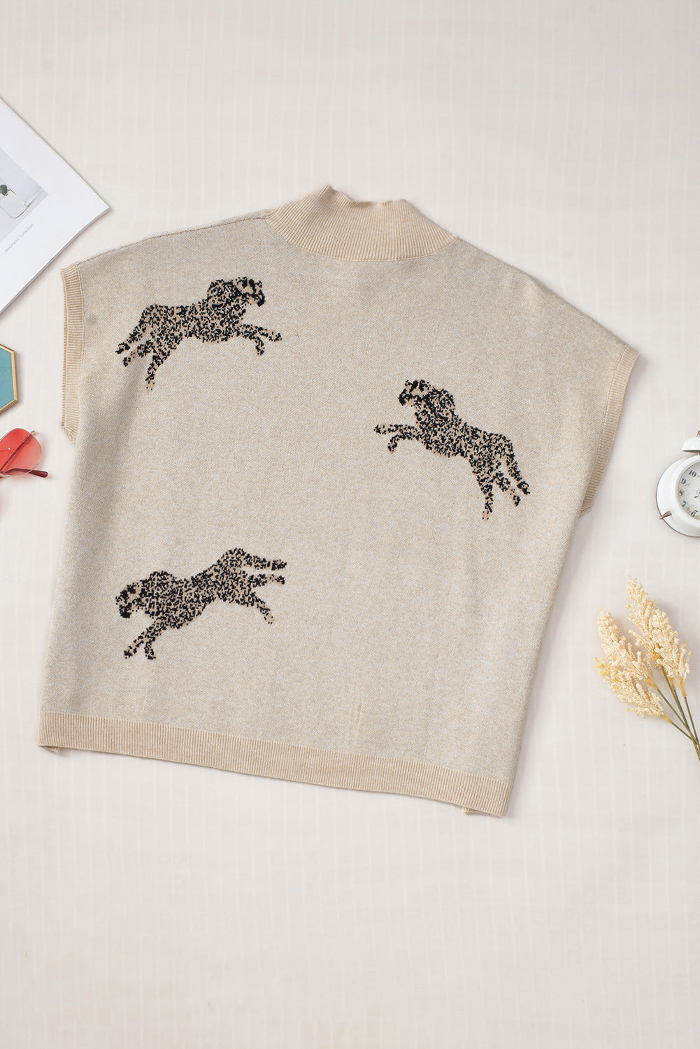 Animal Graphic Mock Neck Cap Sleeve Sweater 