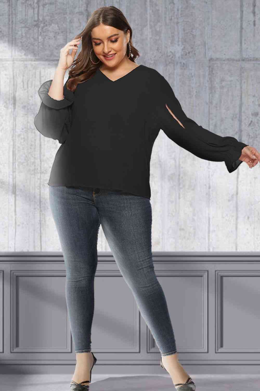 Plus Size Cutout Flounce Sleeve Blouse 