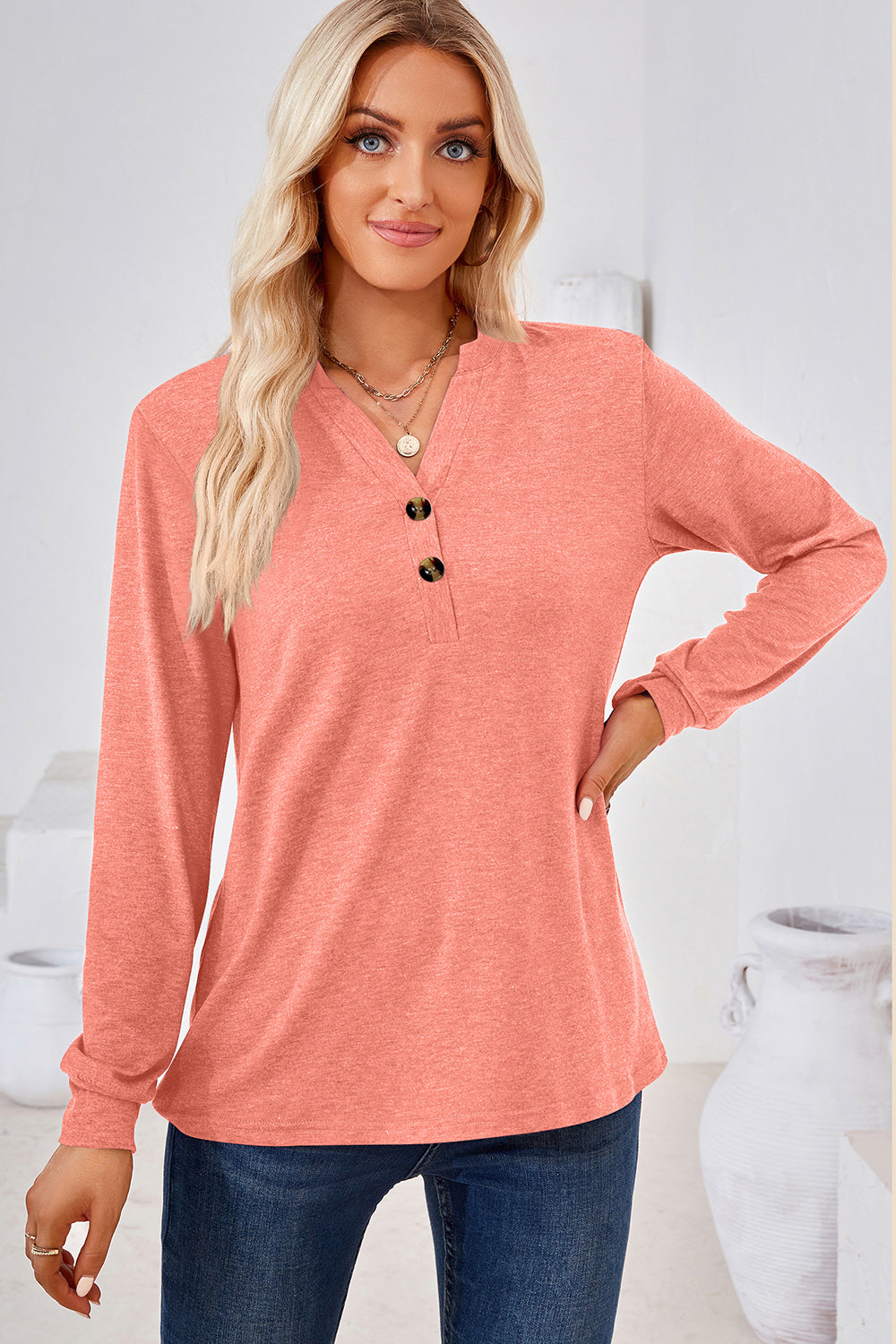 Notched Button Detail Long Sleeve T-Shirt