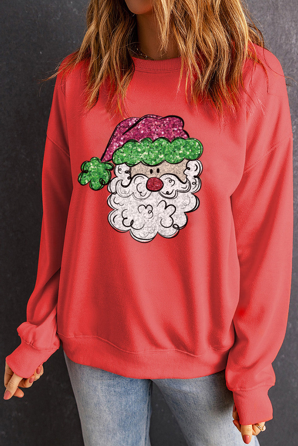 Santa Graphic Round Neck Long Sleeve Sweatshirt 