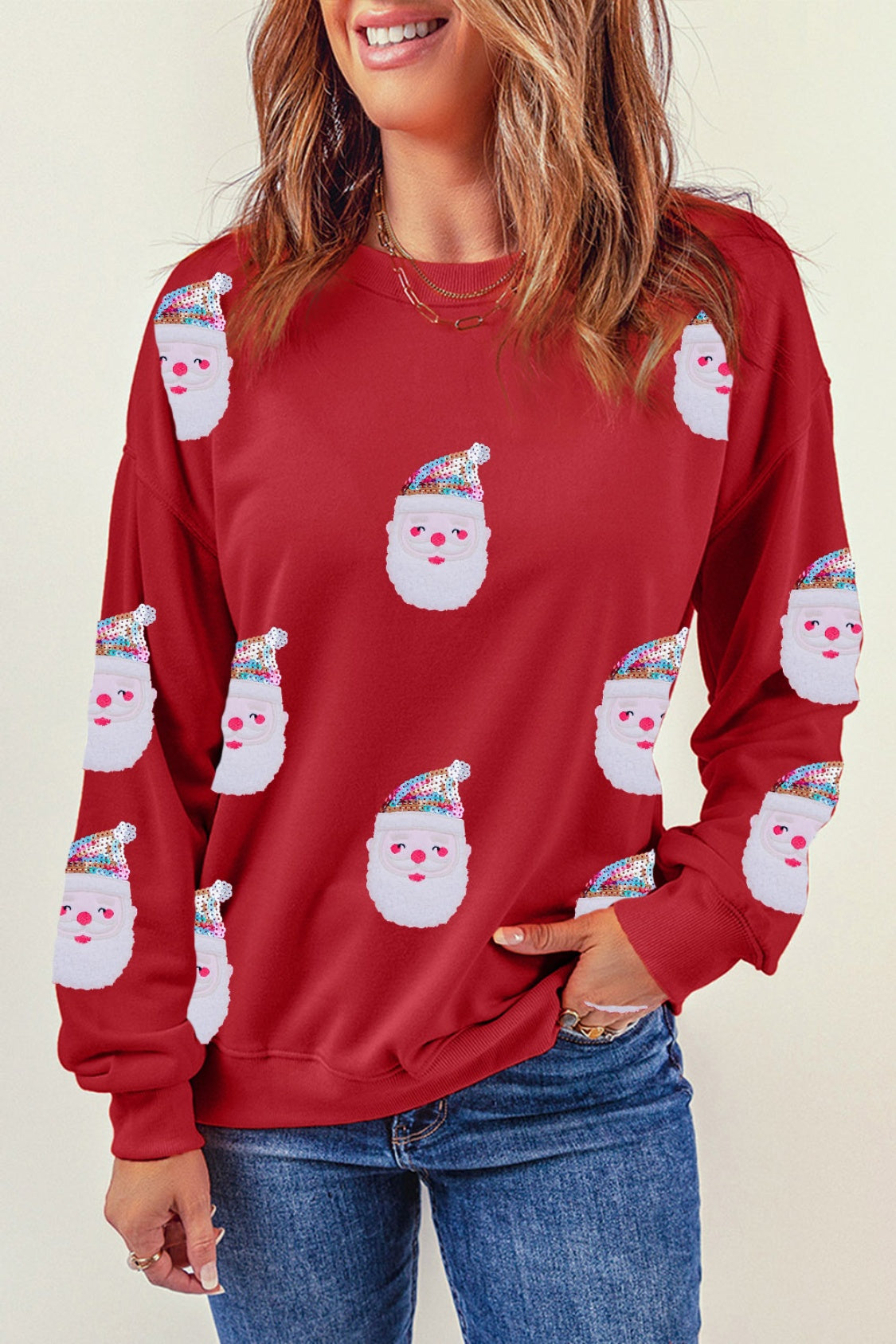 Sequin Santa Long Sleeve Sweatshirt - Babbazon Sparkly Clothes