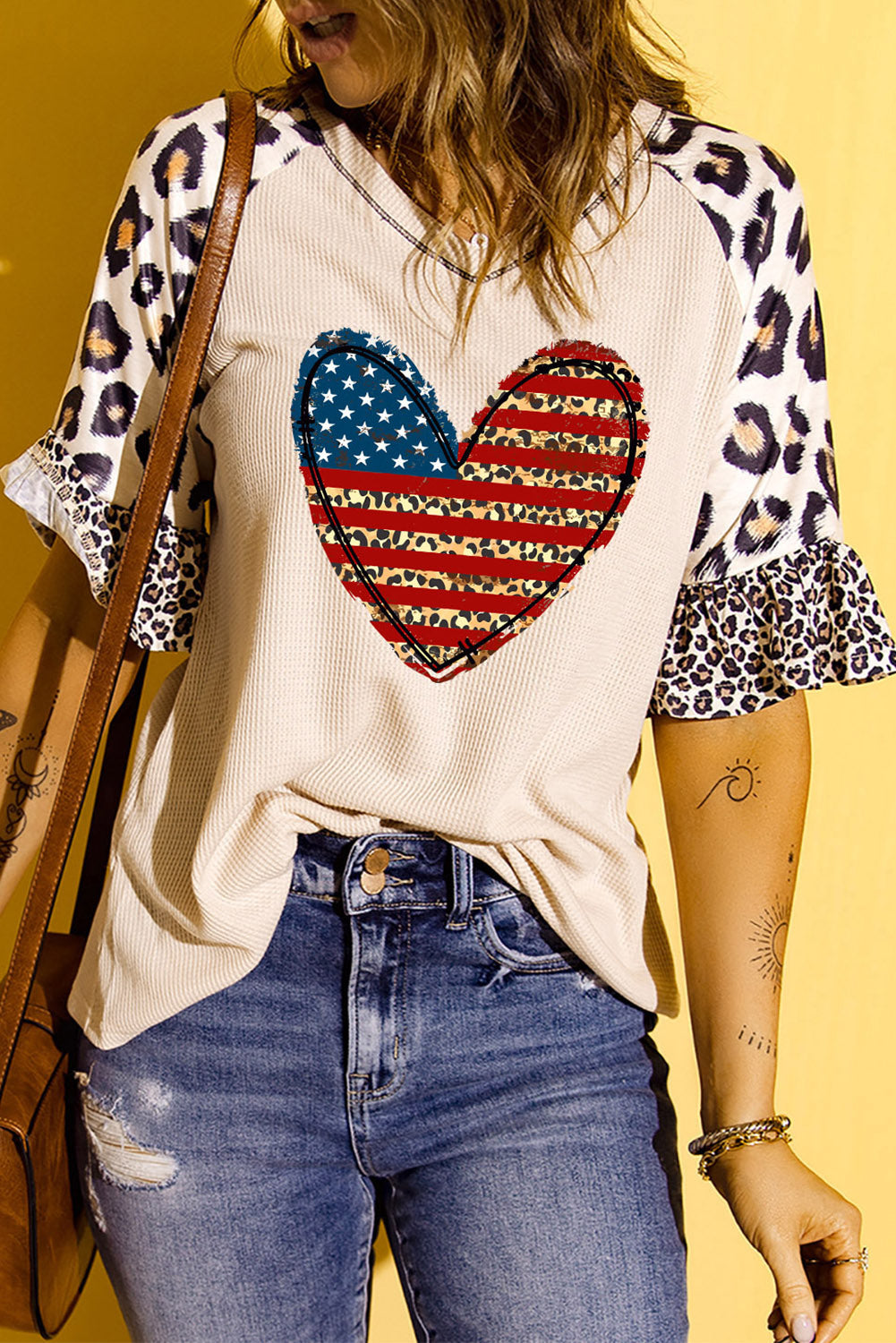 Star and Stripe Heart Graphic Leopard Top - Babbazon Tops