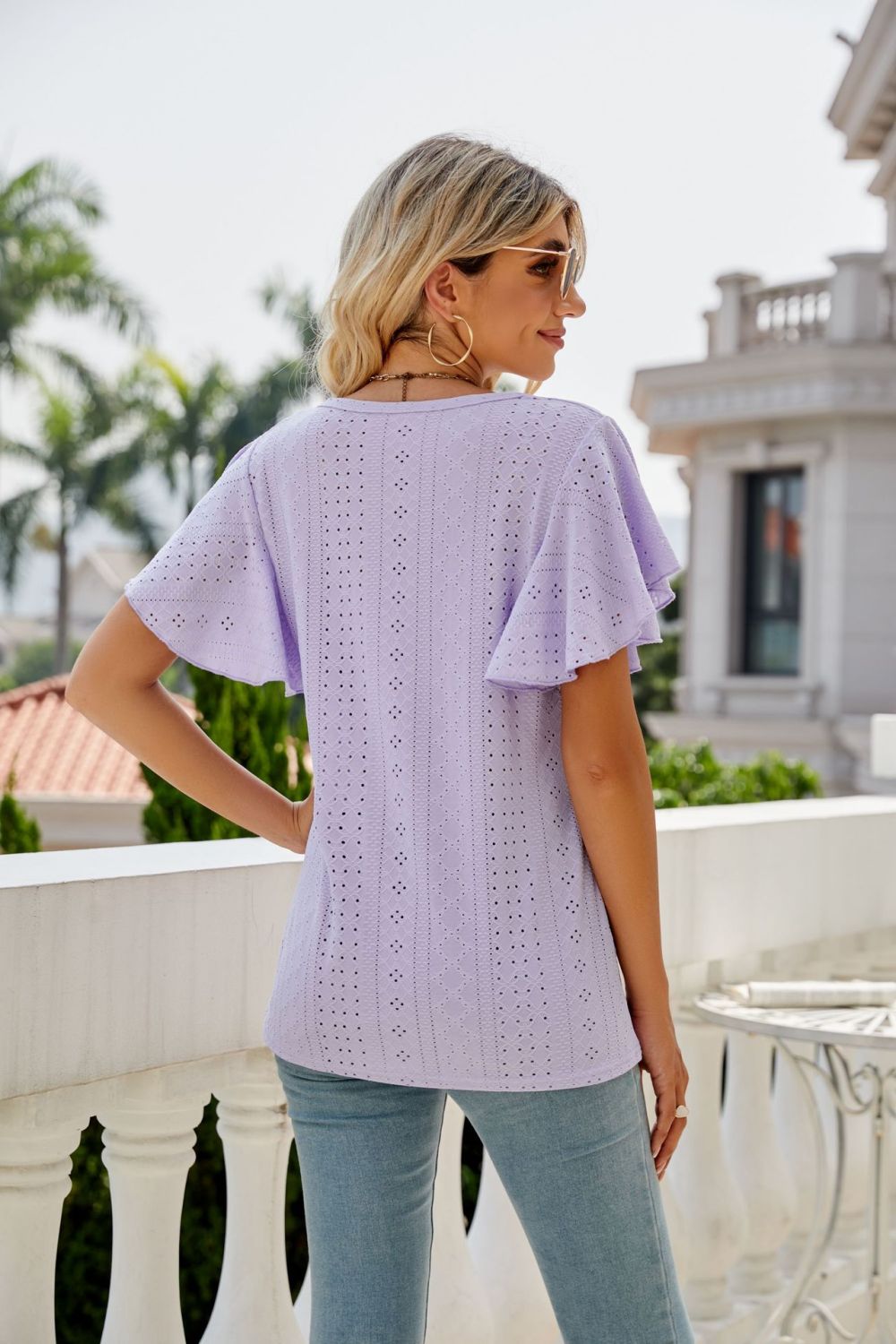 Eyelet Flutter Sleeve Round Neck Top 