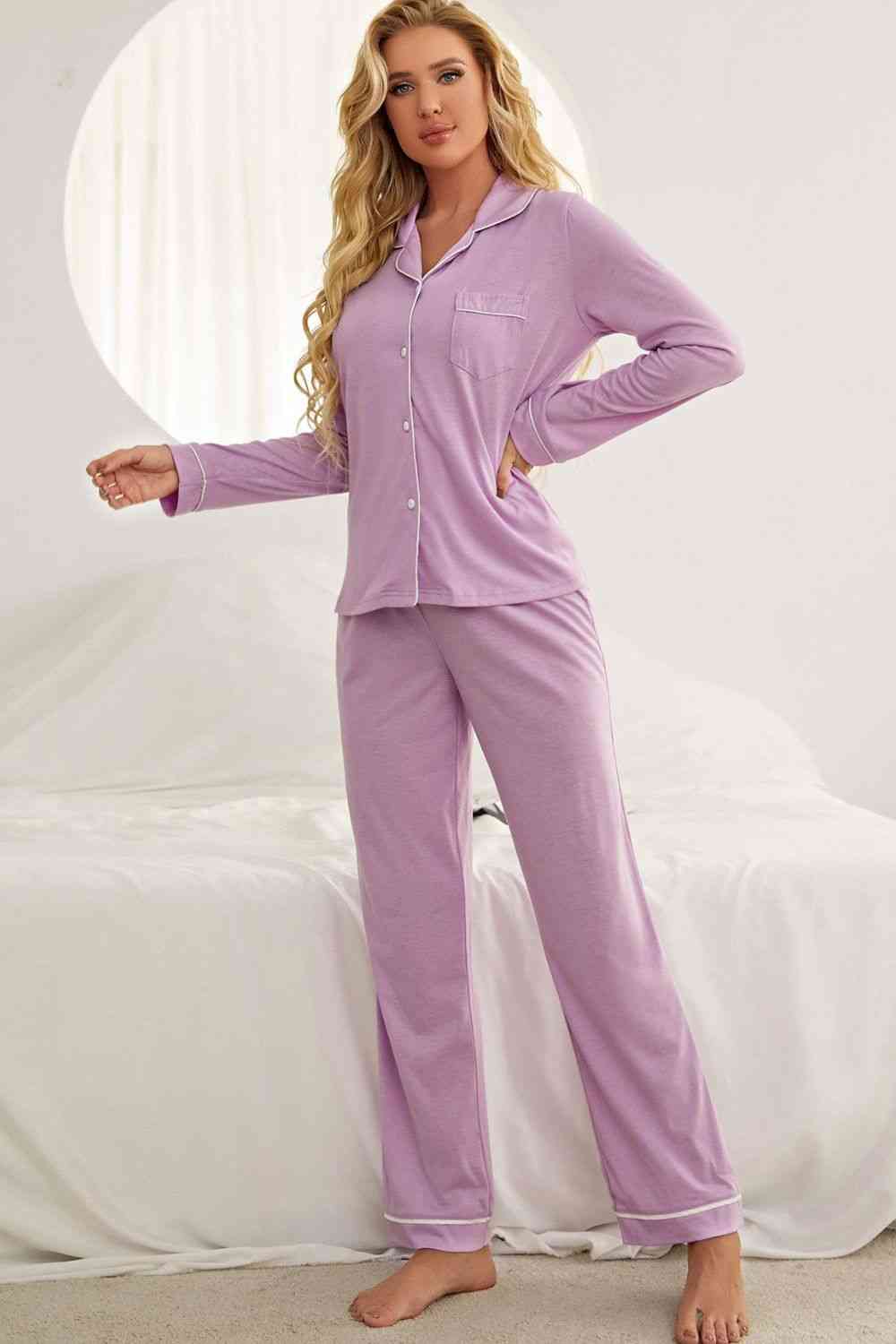 Contrast Piping Button Down Top and Pants Loungewear Set 