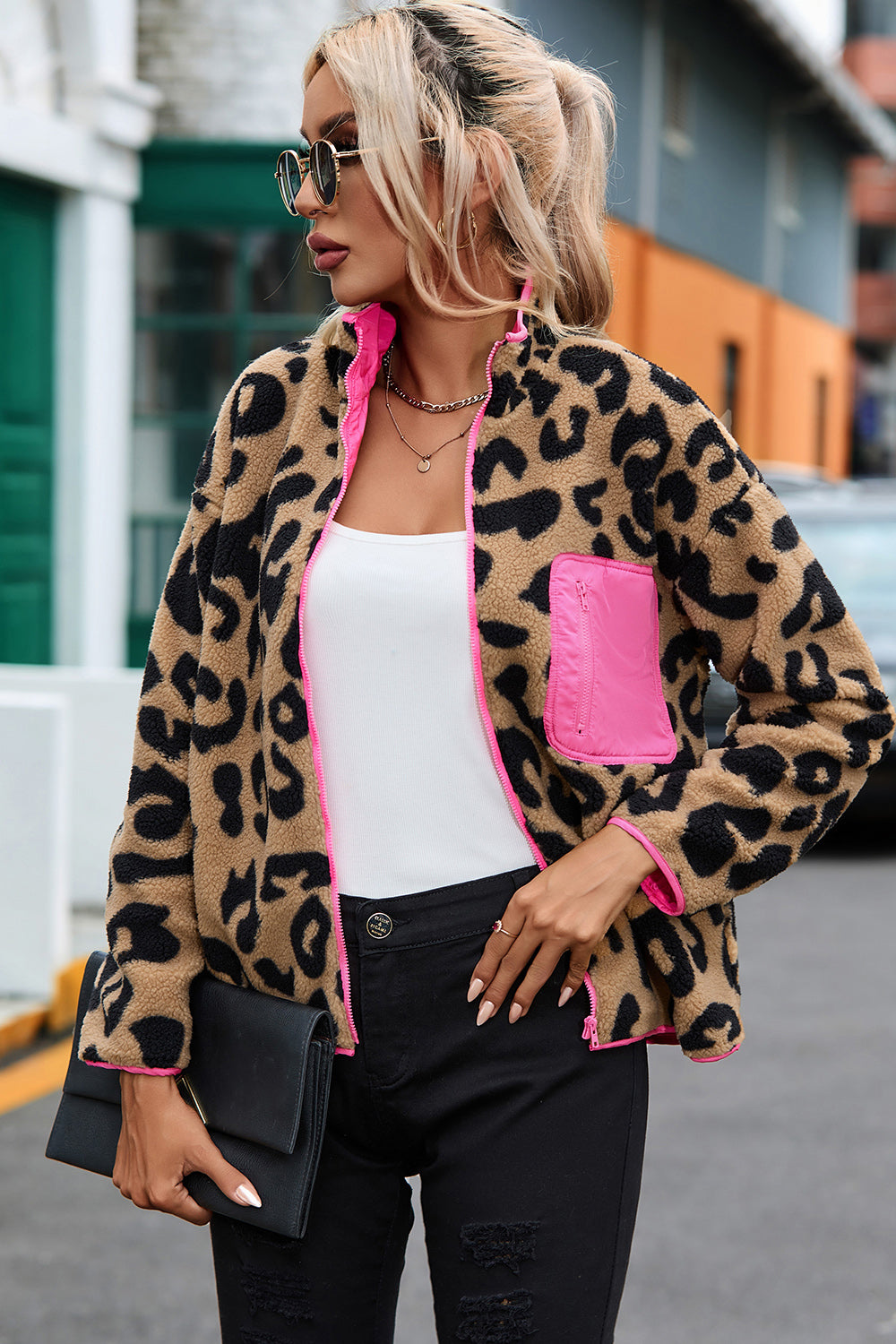 Leopard Zip-Up Dropped Shoulder Jacket 