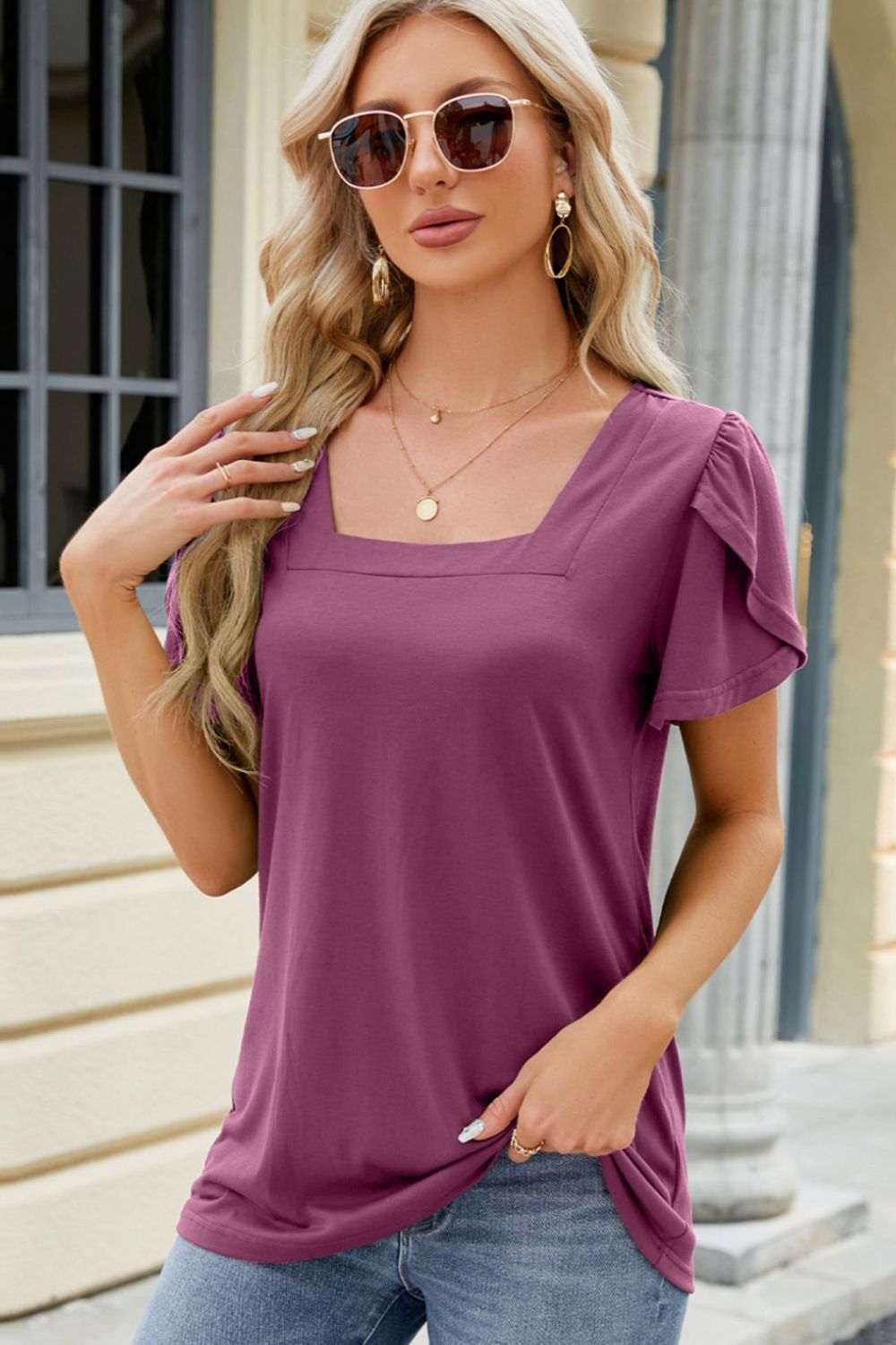 Square Neck Short Sleeve T-Shirt - Babbazon Tops