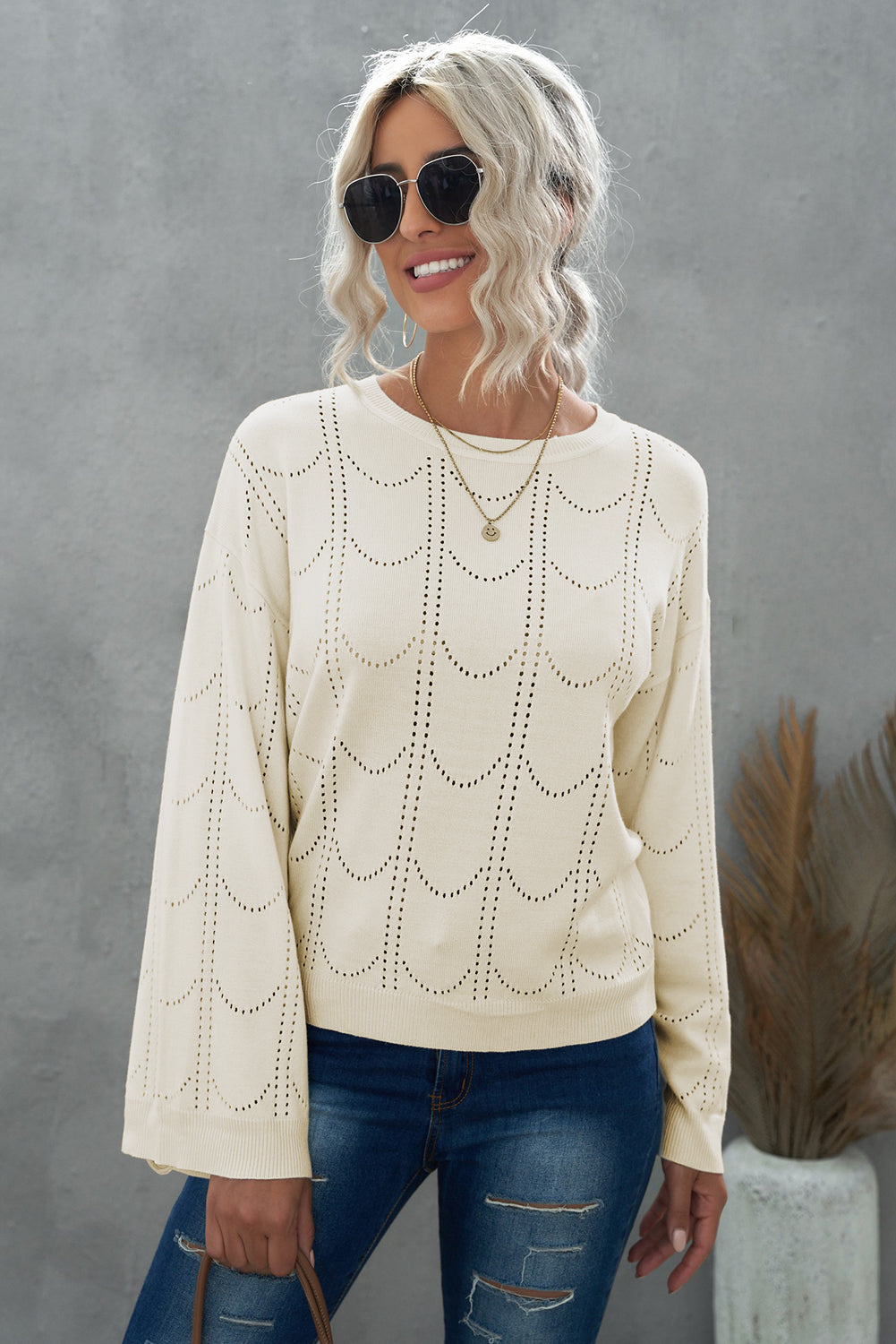 Openwork Flare Sleeve Pullover Sweater 