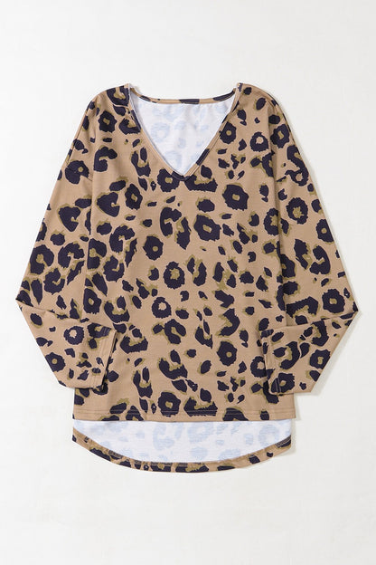 Leopard V-Neck Dropped Shoulder Blouse 