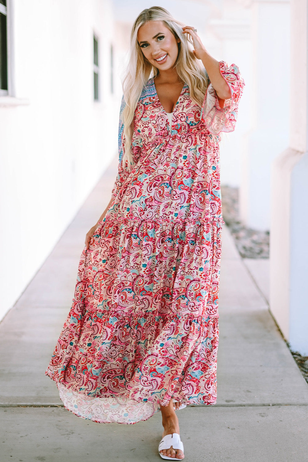 Deep V Three-Quarter Sleeve Maxi Dress - Babbazon Midi Dress