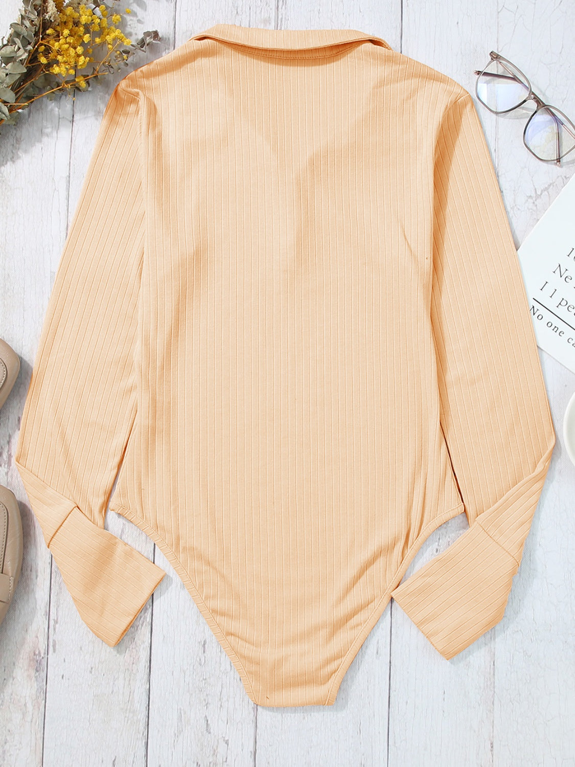 Half Button Collared Neck Long Sleeve Bodysuit 