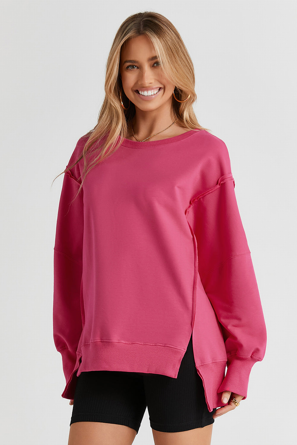 Slit Exposed Seam Round Neck Sweatshirt 