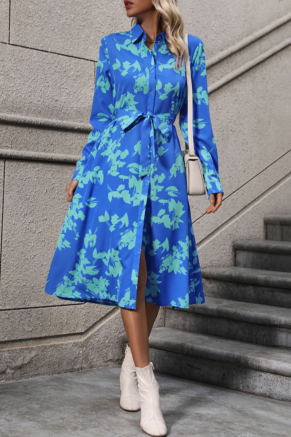 Printed Button Up Tie Waist Dress 