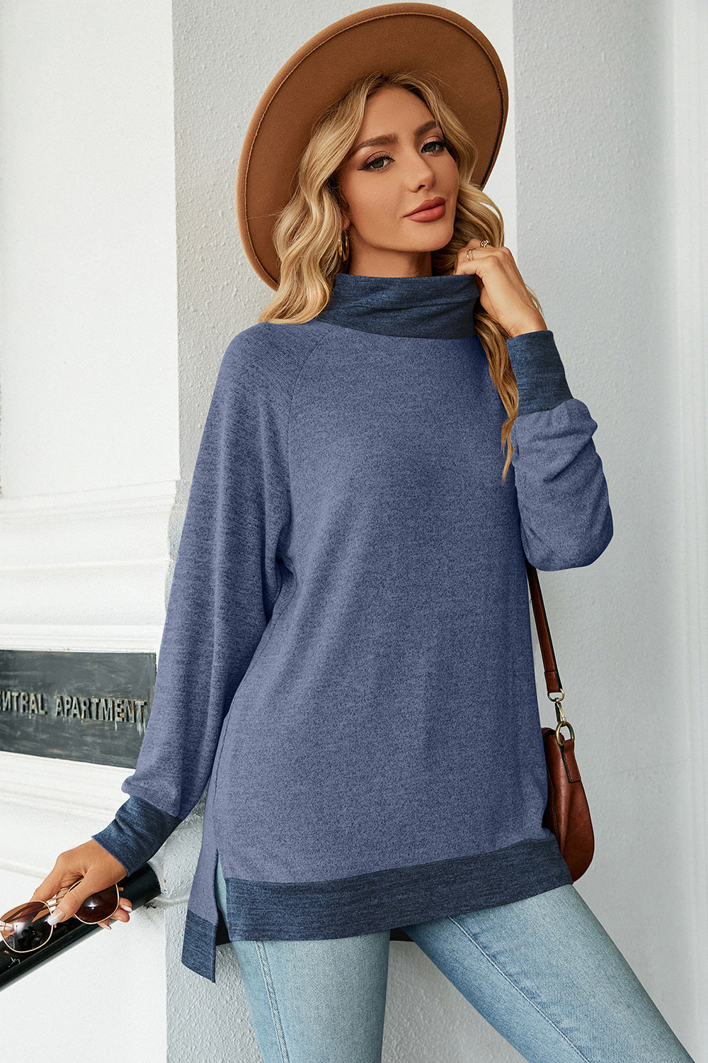 Slit Mock Neck Long Sleeve T-Shirt