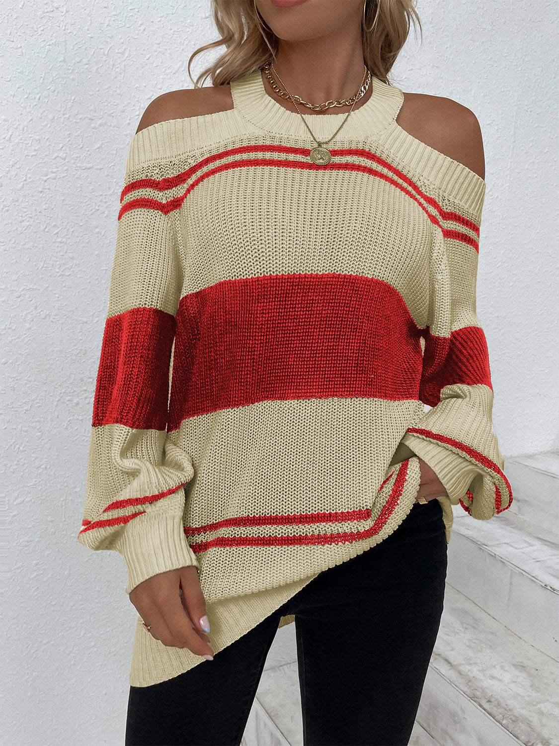 Color Block Striped Cold Shoulder Sweater 