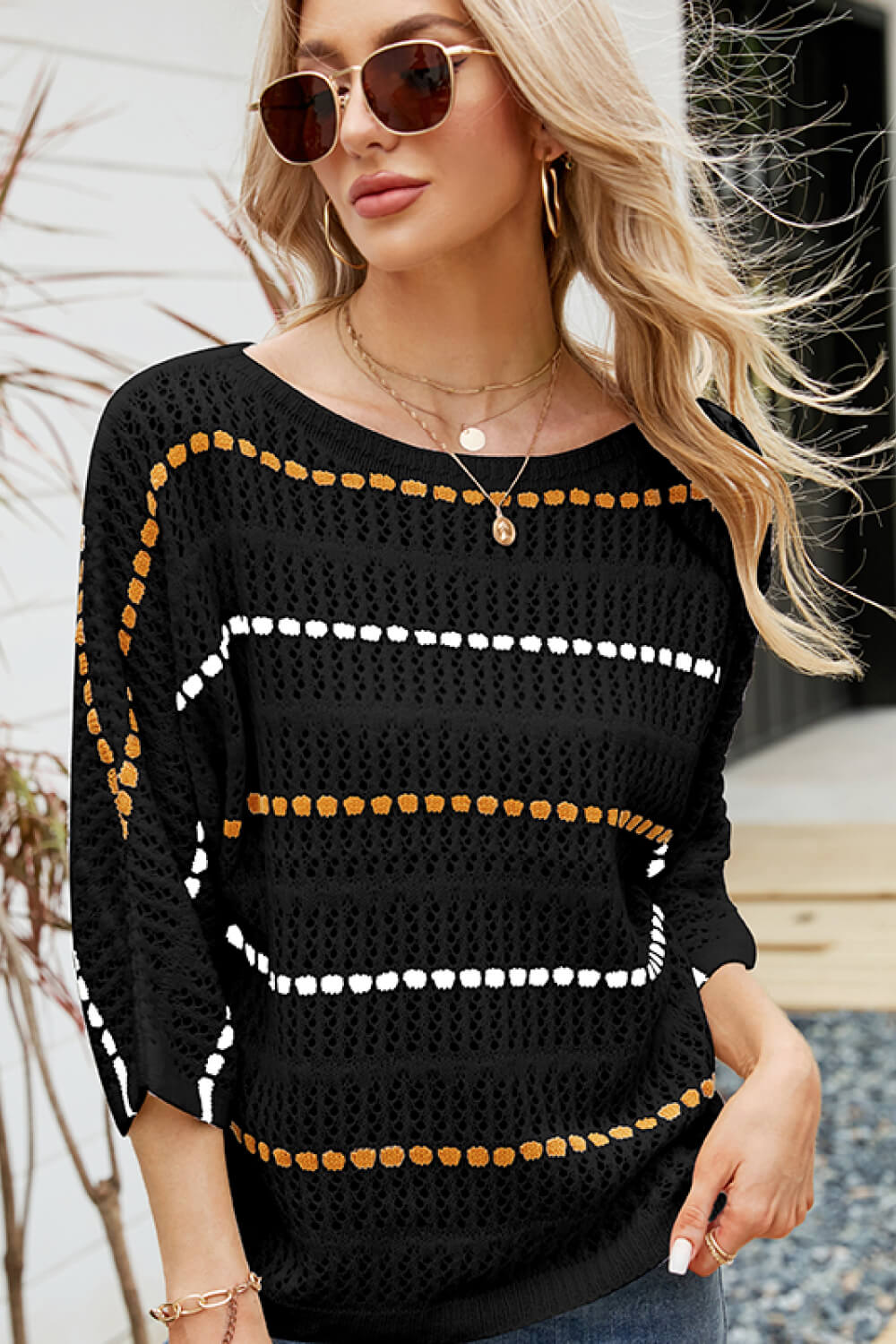 Striped Openwork Three-Quarter Sleeve Knit Top 