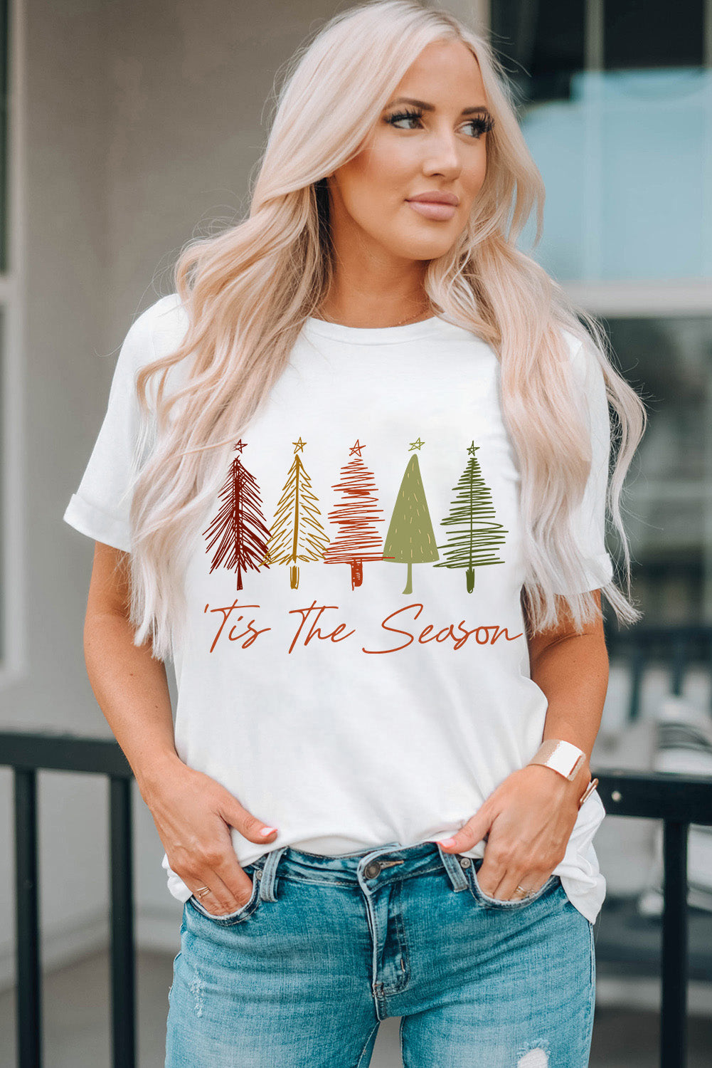 Christmas Tree Graphic Round Neck Short Sleeve T-Shirt - Babbazon Women's Tops