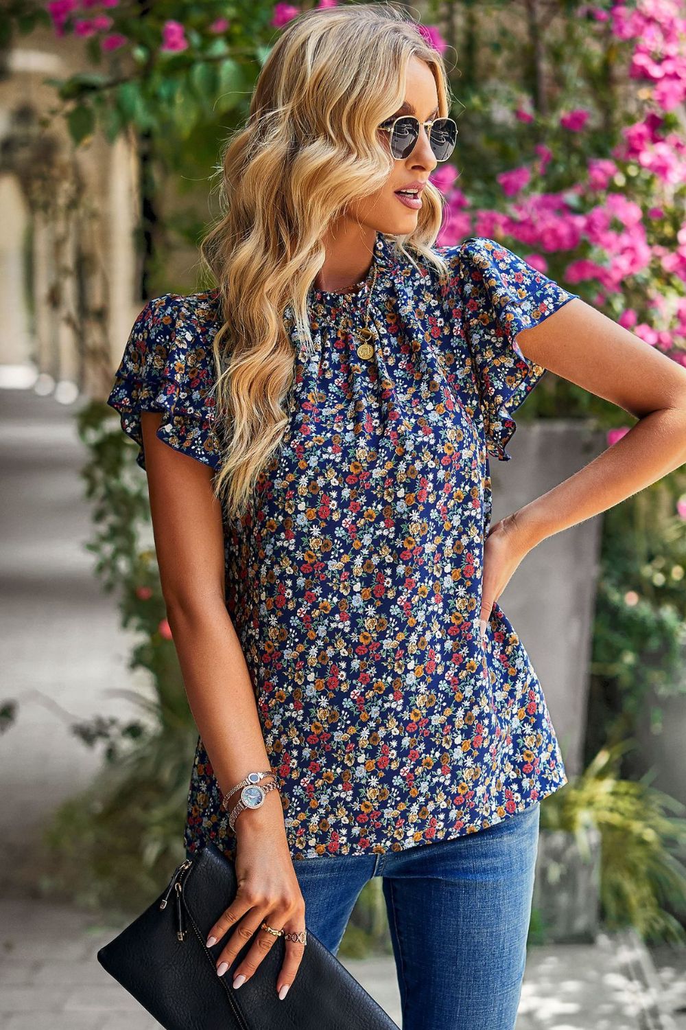 Floral Round Neck Flutter Sleeve Blouse 