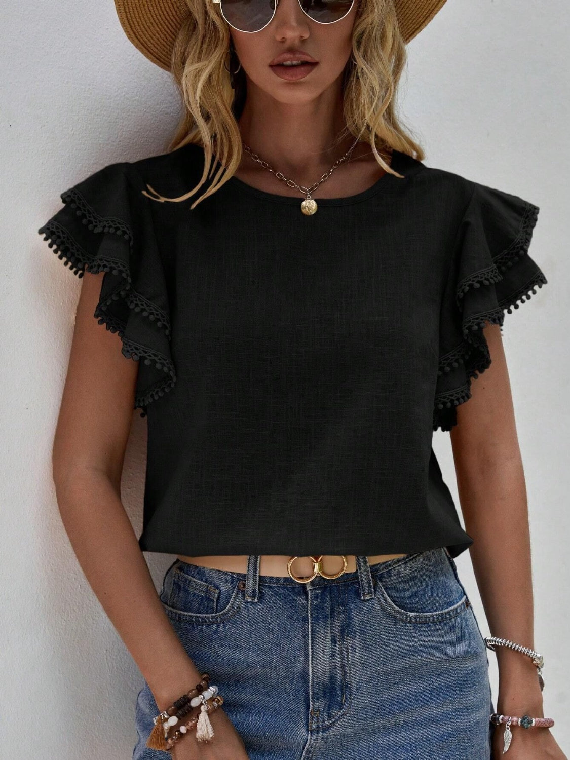 Ruffled Cap Sleeve Round Neck Blouse 