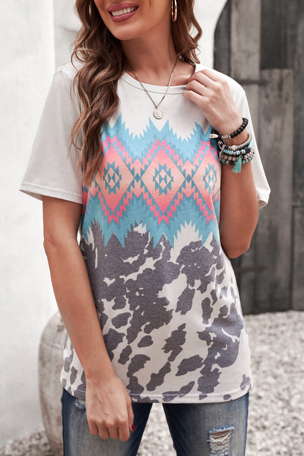 Printed Round Neck Tunic Tee 