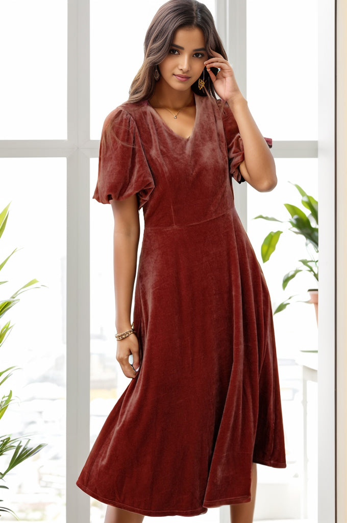 V-Neck Balloon Sleeve Midi Dress 