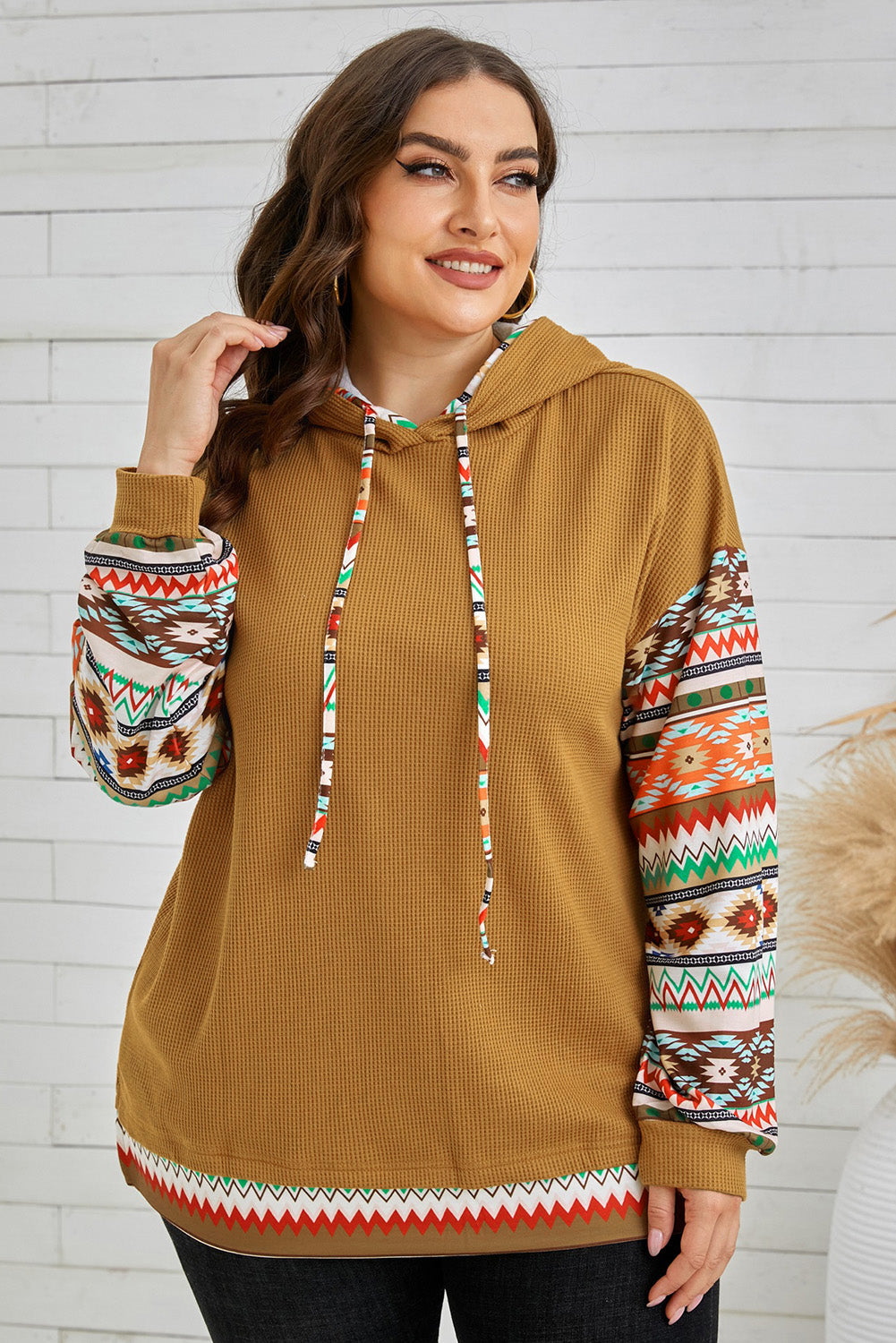 Plus Size Waffle-Knit Geometric Dropped Shoulder Hoodie 