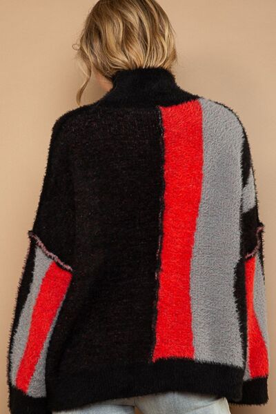 POL Turtleneck Color Block Fringe Detail Sweater 