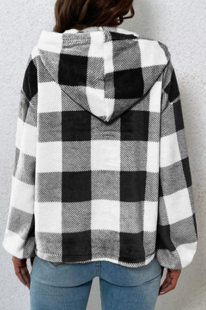 Plaid Quarter Button Dropped Shoulder Hoodie 