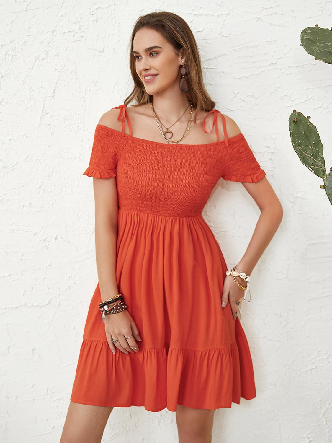 Smocked Spaghetti Strap Short Sleeve Dress 