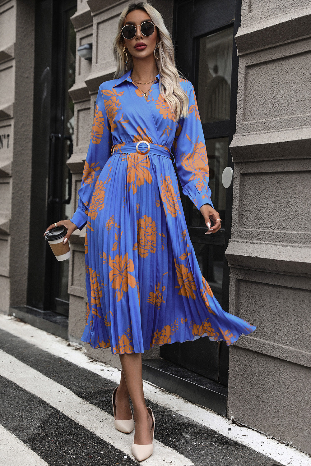 Floral Pleated Surplice Long Sleeve Midi Dress 