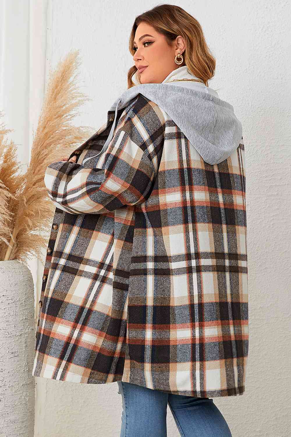 Plus Size Plaid Drop Shoulder Hooded Coat 