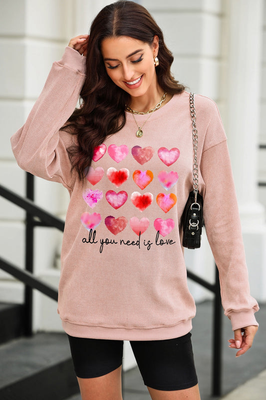 ALL YOU NEED IS LOVE Heart Round Neck Sweatshirt - Babbazon sweatshirt