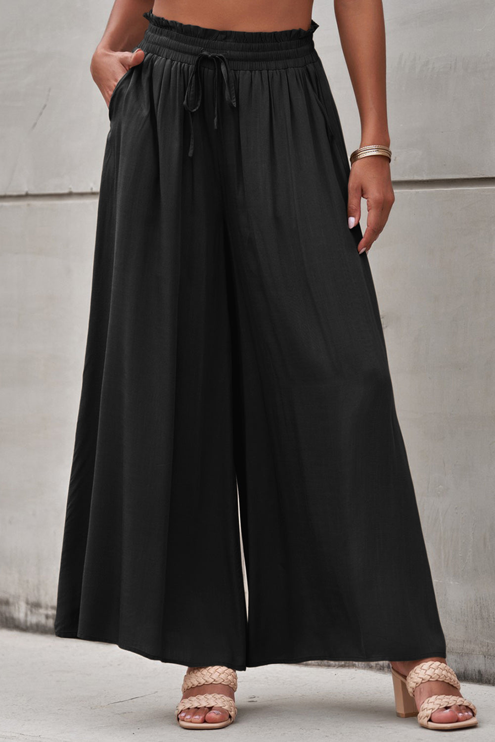 Drawstring Waist Wide Leg Pants - Babbazon