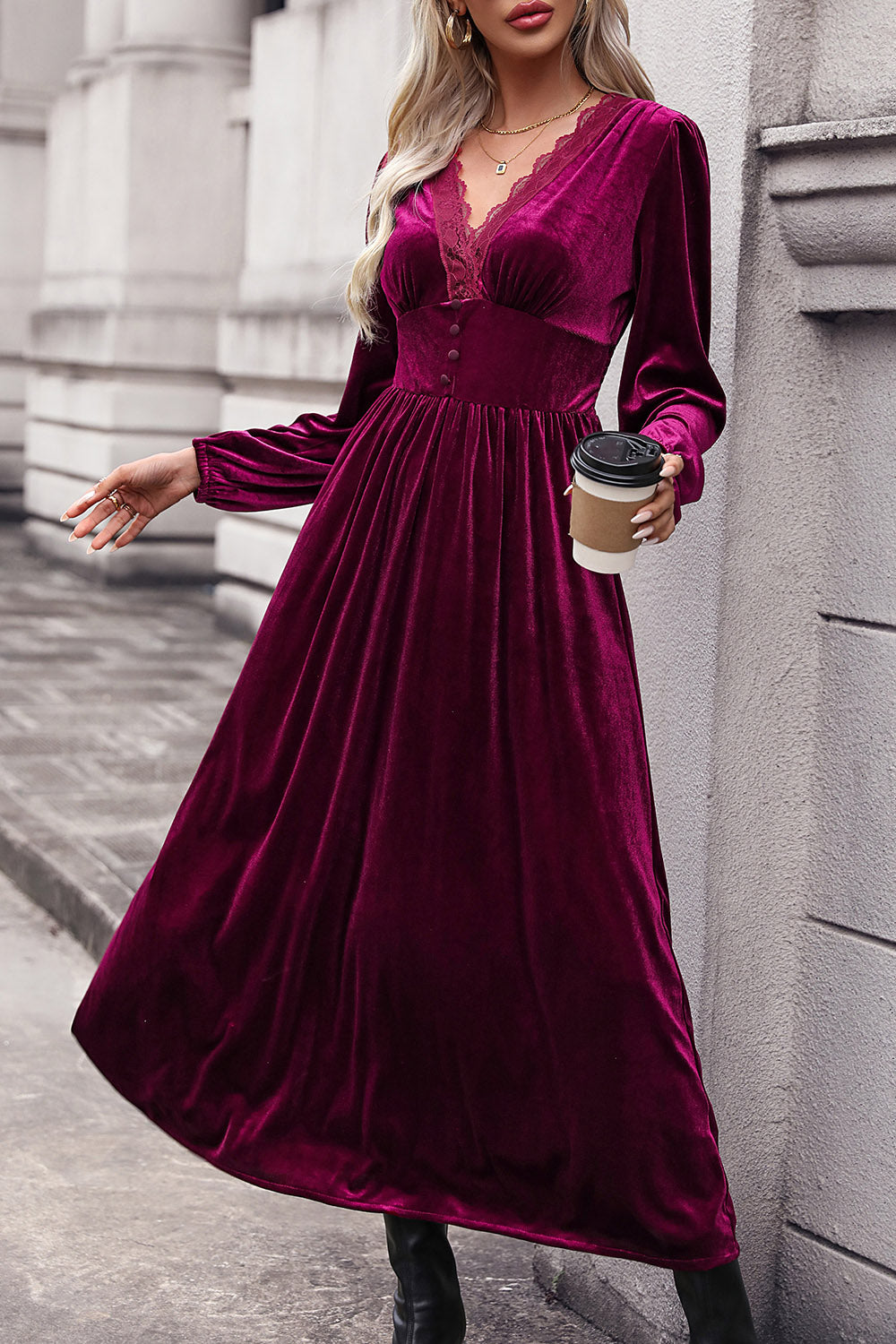 Lace Detail V-Neck Balloon Sleeve Midi Dress 