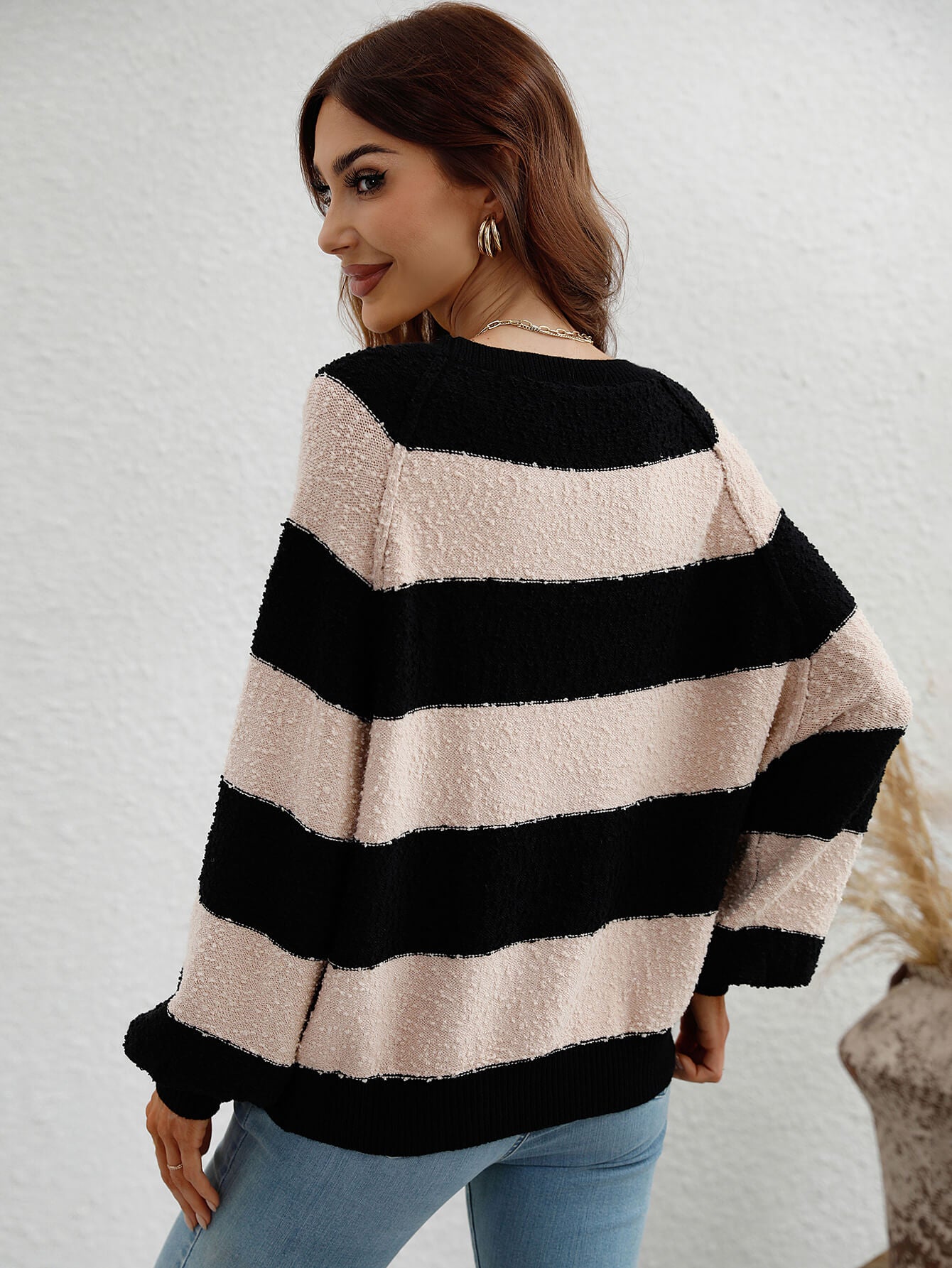 Striped Raglan Sleeve Ribbed Trim Knit Top 