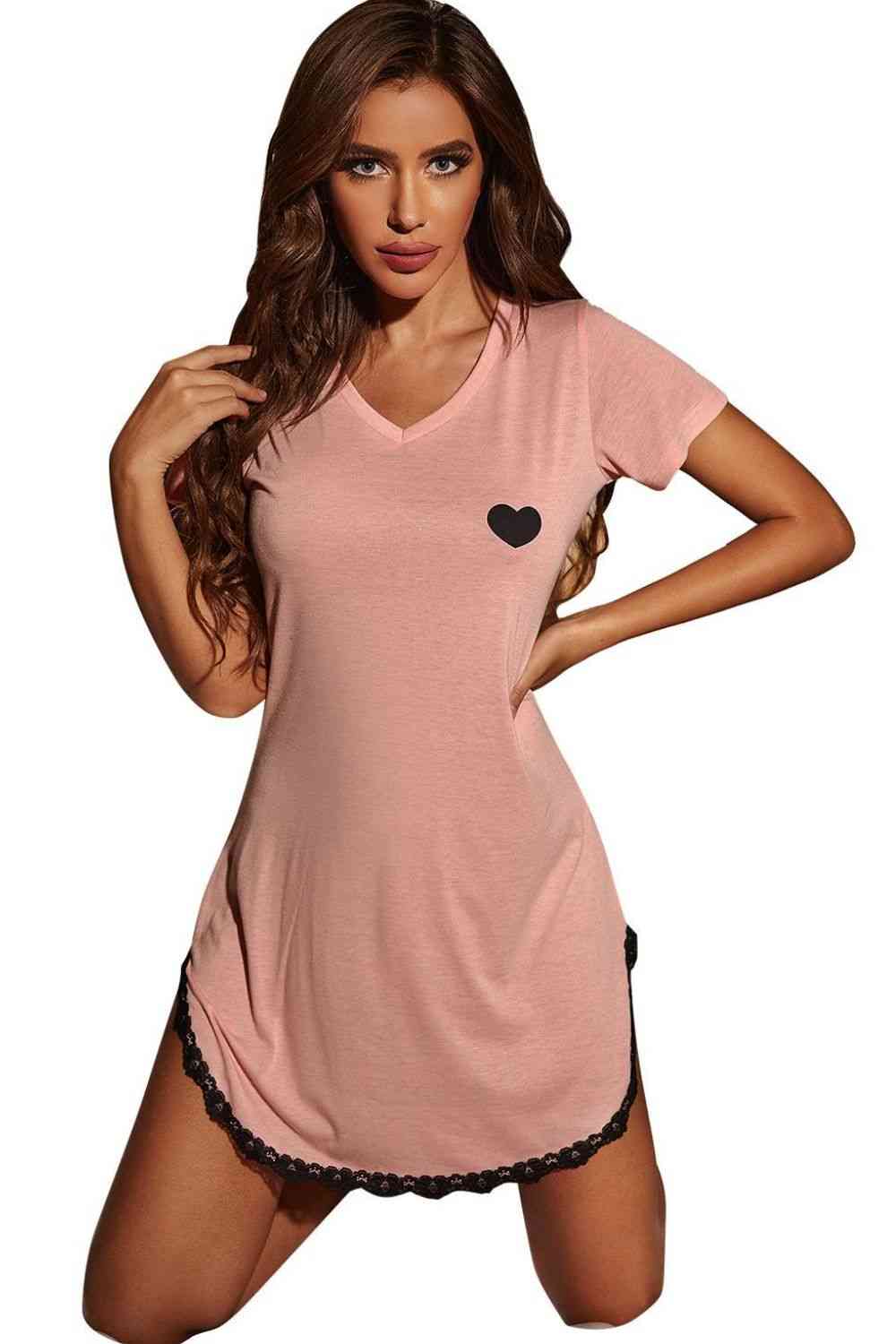 Heart Graphic Lace Trim Night Dress 