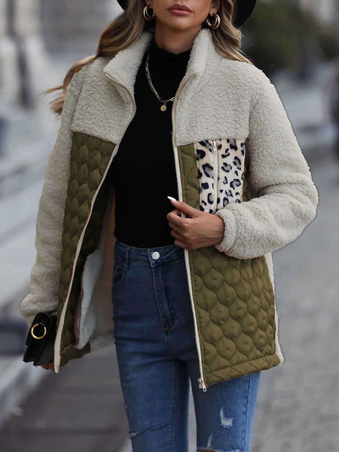 Leopard Color Block Zip-Up Jacket 