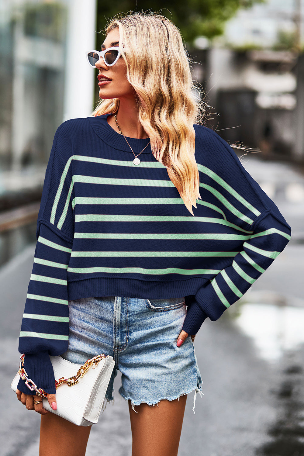 Striped Round Neck Drop Shoulder Slit Sweater 