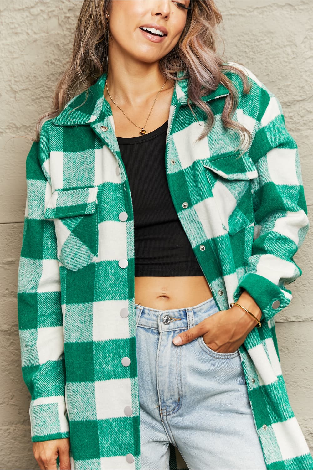 Plaid Longline Shirt Jacket 