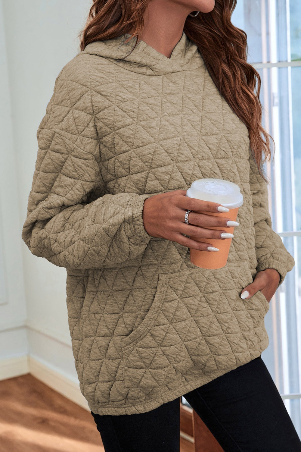 Quilted Long Sleeve Hoodie with Pocket - Babbazon Tops