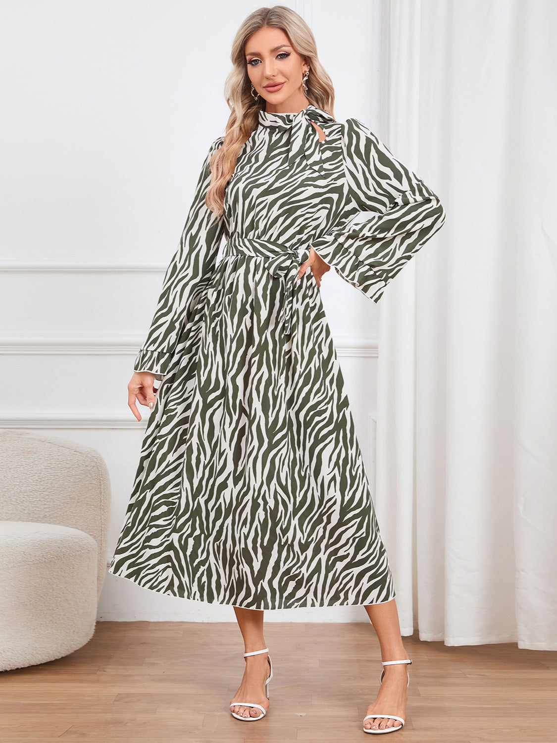 Animal Print Tie Front Ruffle Trim Dress 