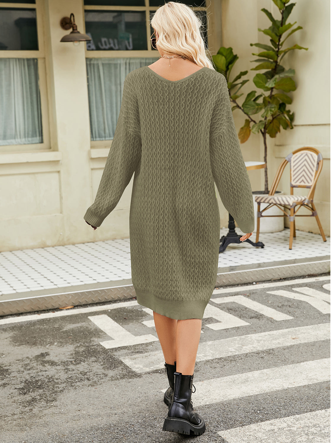 V-Neck Long Sleeve Sweater Dress 