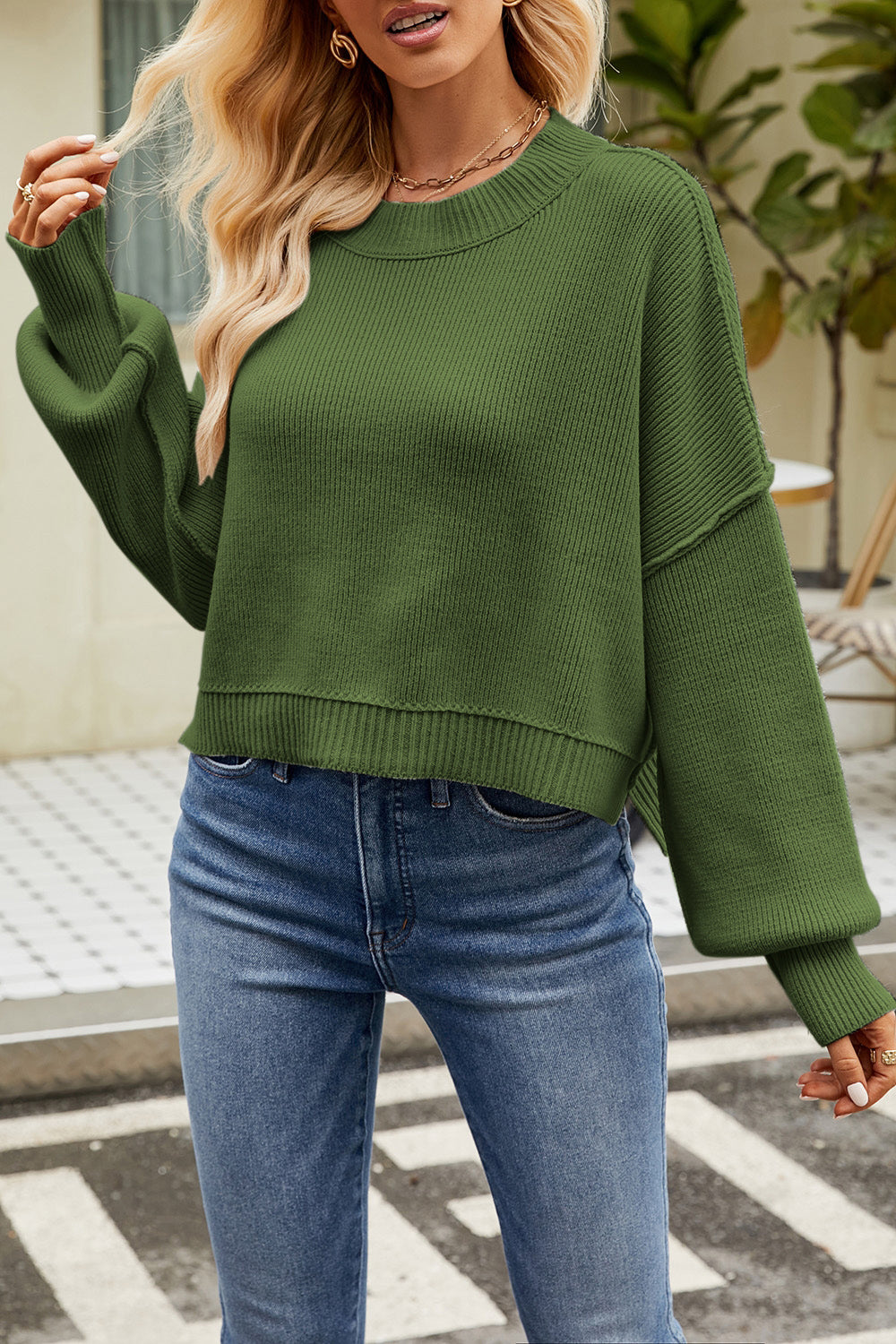 Round Neck Dropped Shoulder Sweater 