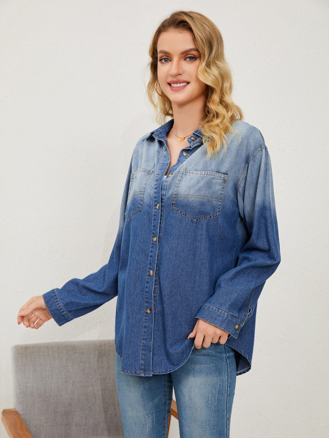 Pocketed Button Up Dropped Shoulder Denim Jakcet 