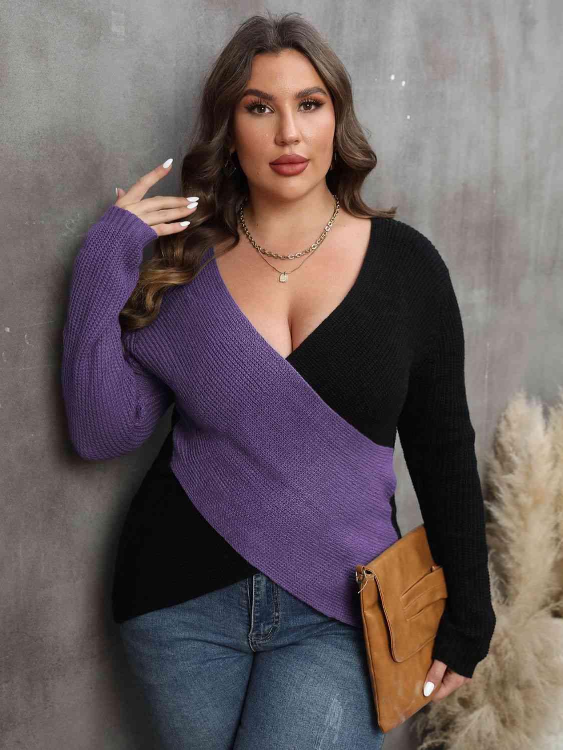 Plus Size Two-Tone Surplice Neck Sweater 