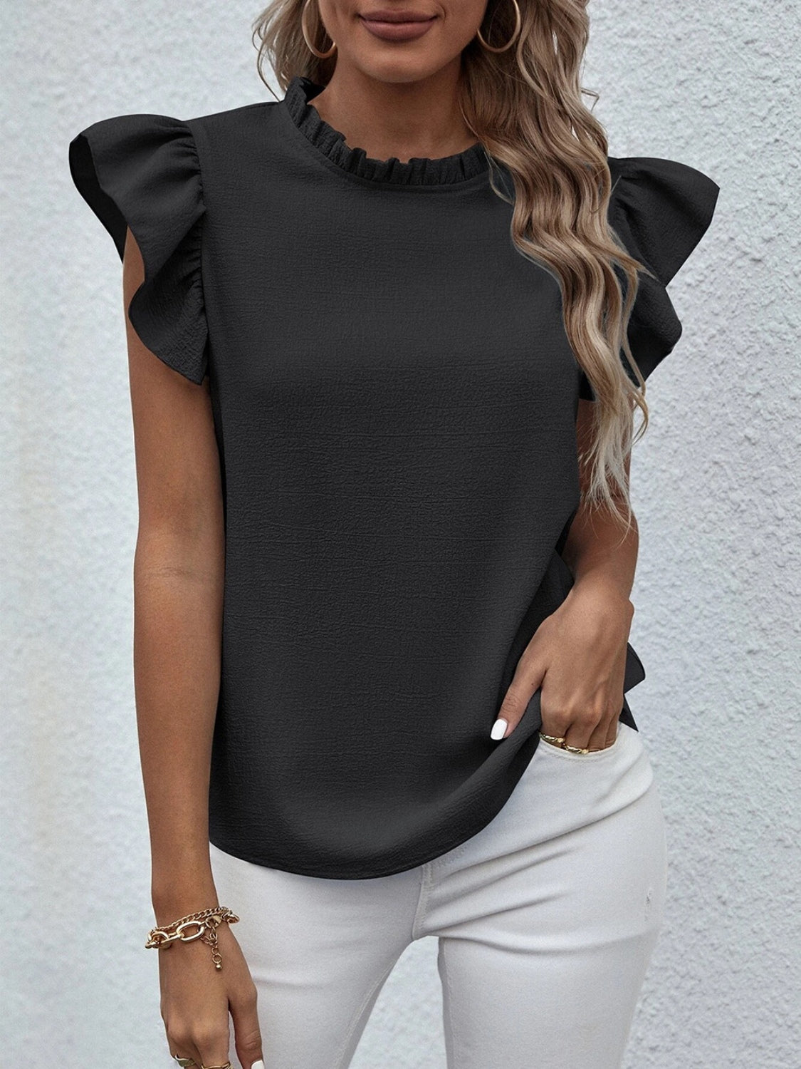 Mock Neck Ruffled Cap Sleeve Blouse 