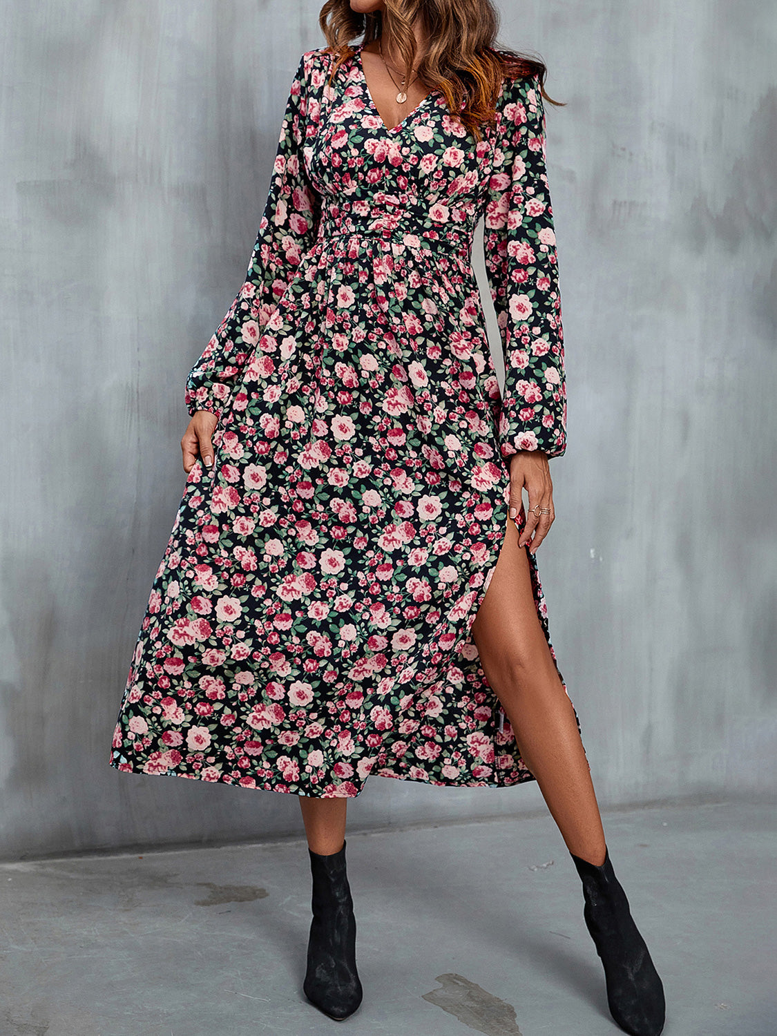 Floral V-Neck Slit Midi Dress 