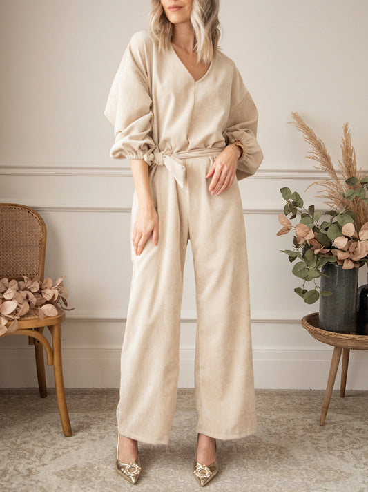 V-Neck Tie Waist Wide Leg Jumpsuit - Babbazon jumpsuit