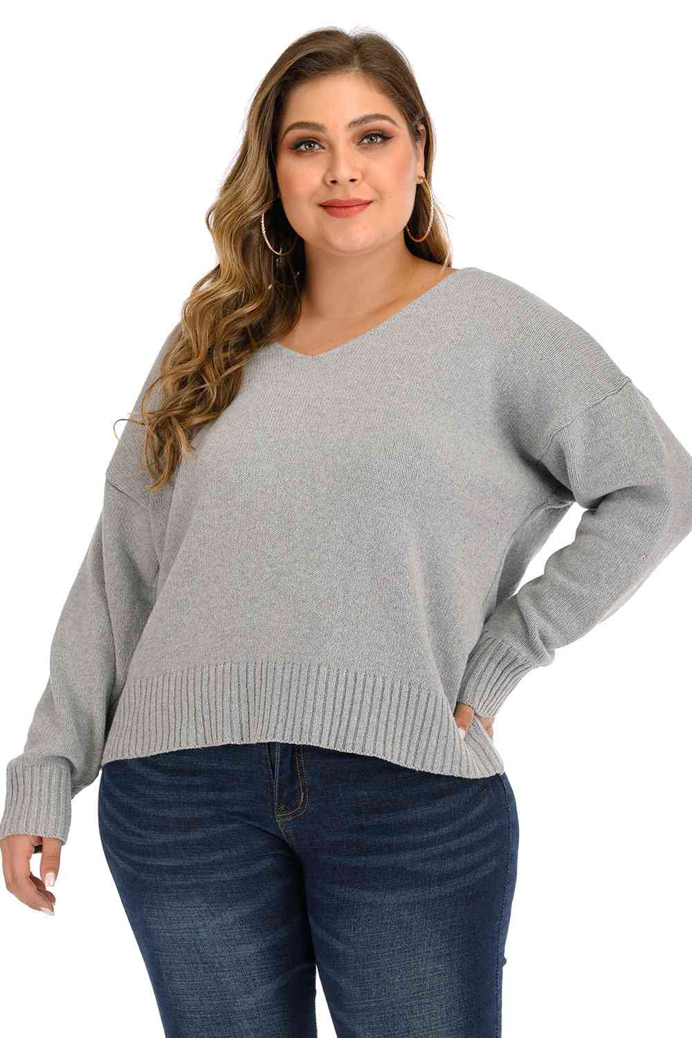 Plus Size V Neck Pullover Sweater 