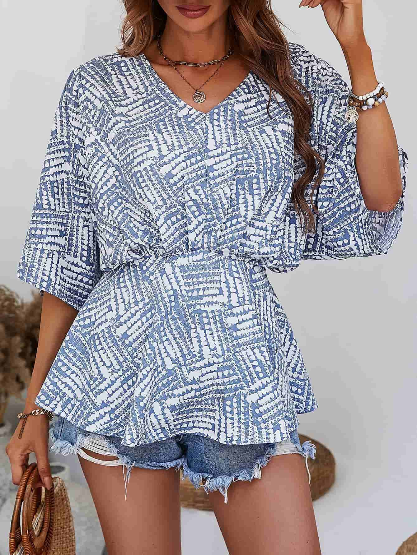 Printed V-Neck Dolman Sleeve Blouse - Babbazon blouse