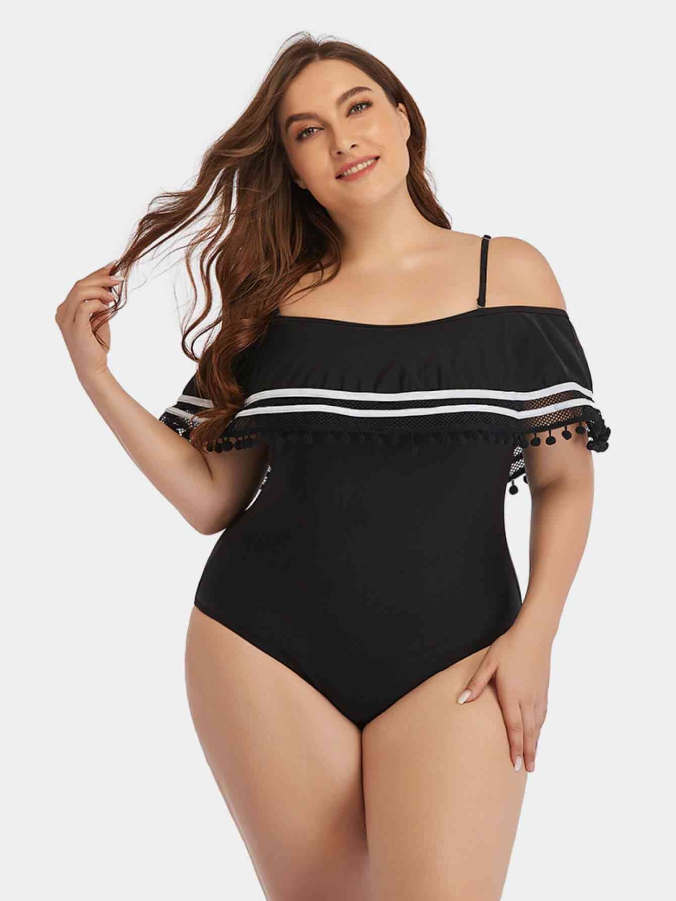 Plus Size Striped Cold-Shoulder One-Piece Swimsuit - Babbazon Jumper